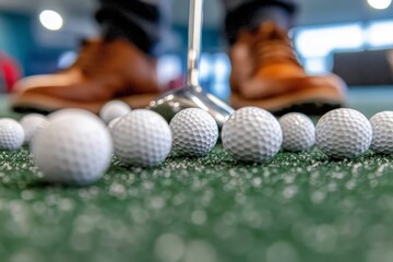 Golfer preparing to putt on indoor putting green surrounded by white golf balls during practice session