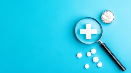 Fototapeta premium A magnifying glass highlighting a medical cross over white pills, symbolizing health and medicine on a bright blue background.