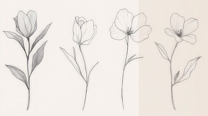 Elegant Line Art of Nature, sophisticated line drawings of leaves and flowers on a neutral background highlighting their graceful simplicity and organic beauty
