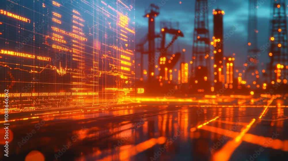 Poster a vibrant industrial scene with glowing lines and structures, illustrating technology and energy in 