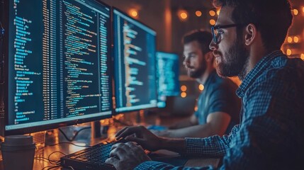 Two developers work together at night, focusing on their screens filled with lines of code, showcasing teamwork in a coding environment within a modern workspace.