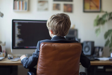 Back view of little business boy in leather chair at desk with computer. Concentrated child working at table in office. Little boss in office. Generated by artificial intelligence