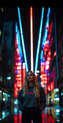 Young Caucasian female model stands confidently under vibrant neon lights