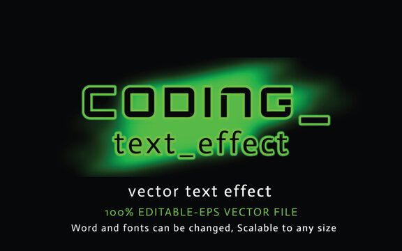 A dynamic green neon coding text effect in a vector format, perfect for digital design projects. The editable file allows customization of words and fonts to suit various creative needs.