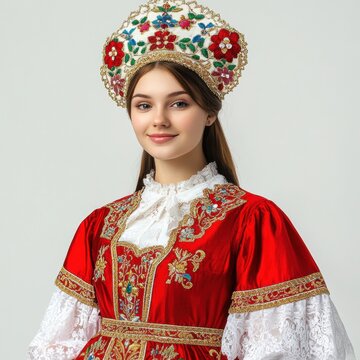 A young russian woman in traditional Russian attire, showcasing cultural heritage.
