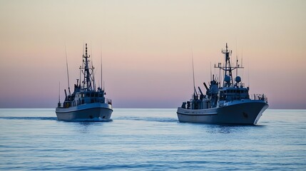 Naklejka premium Naval patrol boats cruising through the open sea, maintaining security and vigilance in international waters, symbolizing maritime defense and global cooperation.