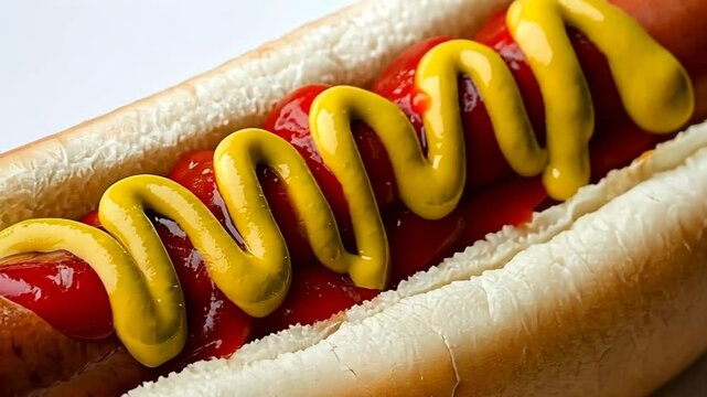 A hot dog in a soft bun is generously covered with squiggles of yellow mustard and red ketchup