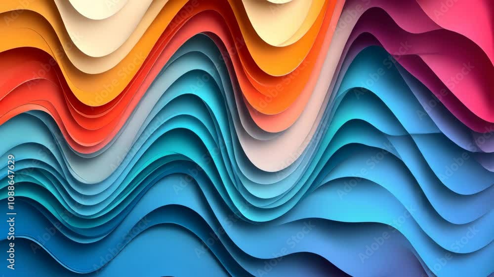 Poster an abstract artwork displays undulating layers of paper in various bright colors