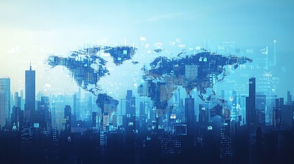 Digital map of the world with icons representing networking connection background