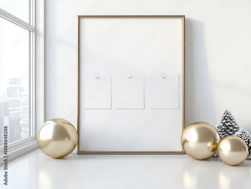 Aufkleber design mockup in happy new year. empty frame on a white wall with golden ornaments and a small tree.