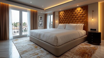 Elegant and modern bedroom with a comfortable bed and large windows allowing natural light to fill the space