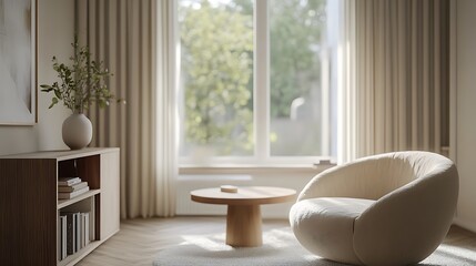 Fototapeta premium Sunlit living room with cream armchair, wooden side table, and beige curtains.