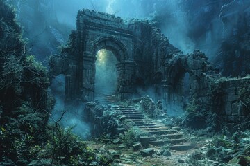 Stone Archway Leading to a Misty Path in an Overgrown Ruin