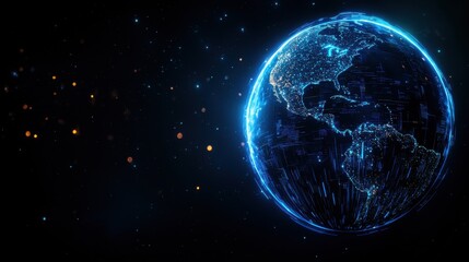 A glowing, digital representation of Earth against a dark backdrop, showcasing connectivity and technology in a cosmic setting.