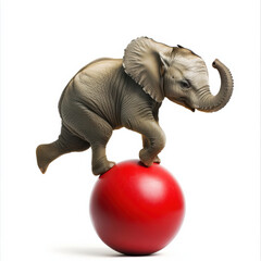 playful elephant balancing on red ball, showcasing agility and charm. This whimsical scene captures joy of circus performances and animal talent