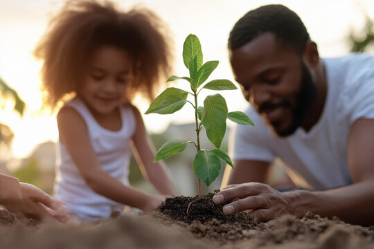A diverse family of three generations plants trees together in an urban park, each holding a young sapling. - Powered by Adobe