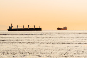 Cargo ships standing in the bay in the rays of sunset