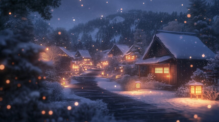 幻想的な雪降る夜の古都・雪化粧した伝統的な町並みと温かな灯りの風景｜歴史ある町家と石畳の路地が織りなす日本の美｜冬の観光スポット・旅行写真におすすめの絶景スポット【絶景夜景・雪景色】