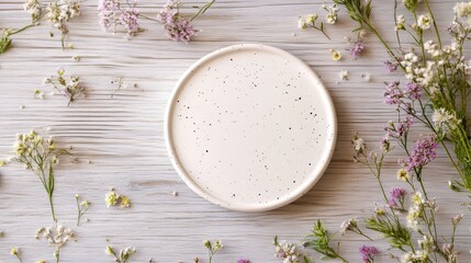 A Serene Flat Lay of a Simple Ceramic Plate Surrounded by Delicate Wildflowers on a Rustic Wooden Background for Aesthetic Decor or Food Presentation