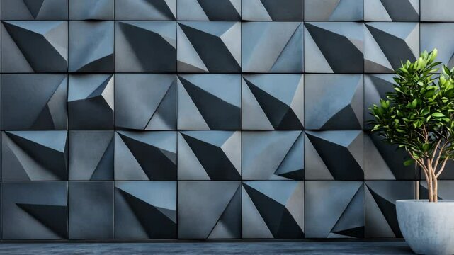 Dark gray tiles with a three-dimensional triangular pattern create a textured wall