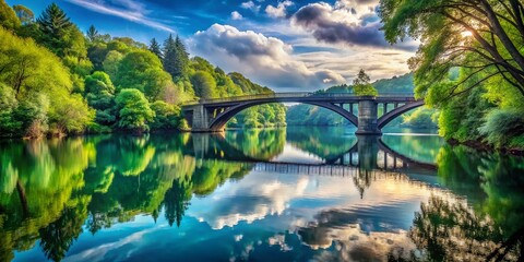 Naklejka premium Serene Blue Bridge Over a Tranquil River: A Stunning High Depth of Field Image Capturing Nature's Beauty with Generative AI Techniques for Stock Photo Use