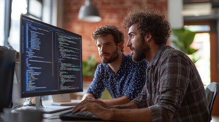Two focused programmers work diligently in a vibrant workspace, examining code on their screens and strategizing their approach to enhance the coding project together.