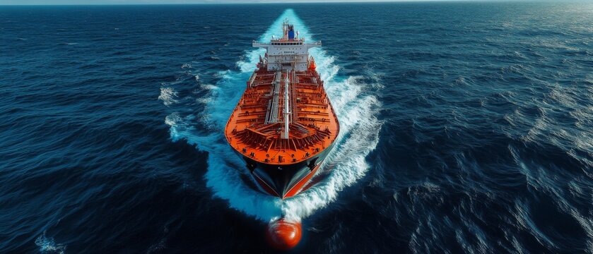 Aerial view of an oil tanker ship . a bird's-eye tanker vlcc ship.	