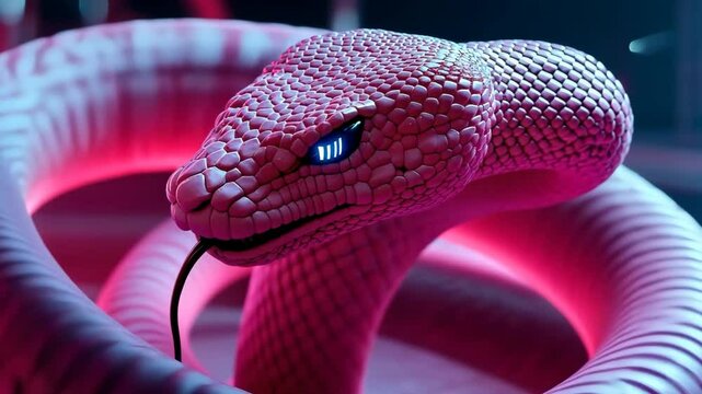 A pink snake with blue eyes is shown in a neon light