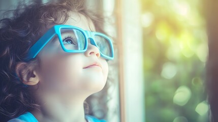 Young child wearing blue glasses focusing on distant tree outside window, symbolizing myopia prevention and importance of outdoor activities.