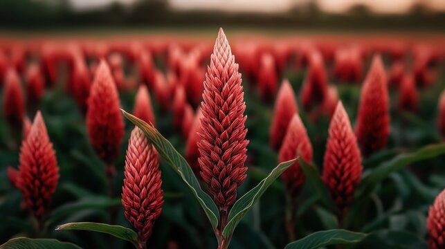 Field of vibrant red celosia flowers in full bloom with lush green leaves against a blurred natural background at sunset.