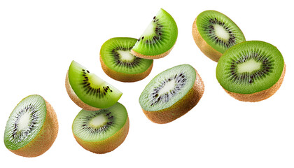 Fototapeta premium Kiwi pieces falling, isolated on white background, cutout transparent