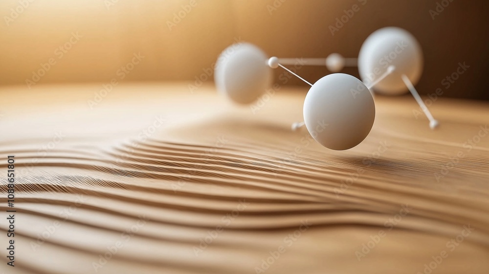 Poster clean and minimalistic 3d render featuring abstract white spheres on a textured wooden surface with 