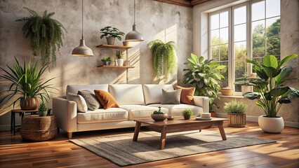 Serene Modern Living Room with Cozy White Couch, Natural Light, and Indoor Plants in Vintage Style Photography for a Relaxing Atmosphere