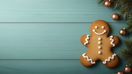 Festive Gingerbread Man Cookie on Teal Wood Background Christmas Baking Holiday Treats