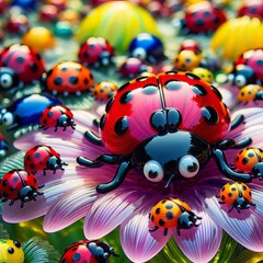 Fototapeta premium Vibrant Glass Ladybug Swarm A swarm of ladybugs made from vibran