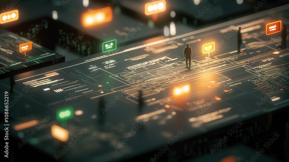 Poster isometric illustration of a digital social network with figures navigating a complex interface and i