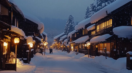 幻想的な雪降る夜の古都・雪化粧した伝統的な町並みと温かな灯りの風景｜歴史ある町家と石畳の路地が織りなす日本の美｜冬の観光スポット・旅行写真におすすめの絶景スポット【絶景夜景・雪景色】