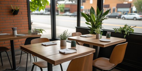 Obraz premium Cozy and Modern Dining Room Featuring Wooden Tables and Lush Greenery in a Bright Urban Setting with Exposed Brick Walls and a Street View