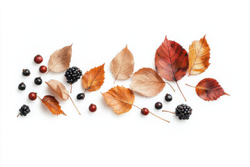 Autumn leaves and berries arranged on white background, showcasing vibrant colors and textures. Perfect for seasonal themes