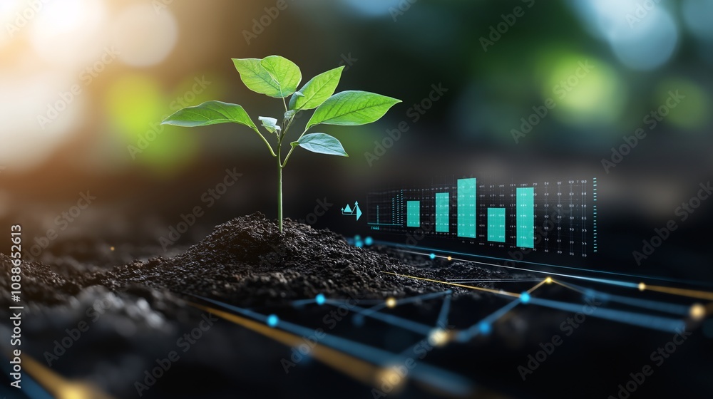 Aufkleber futuristic representation of sustainable growth featuring a green plant with emerging data graphs to