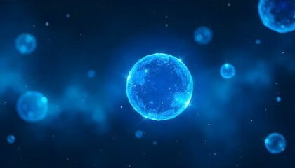 Fototapeta premium Glowing blue molecules floating in dark copy space