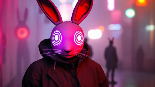 A person is wearing a rabbit mask and standing in front of a neon sign