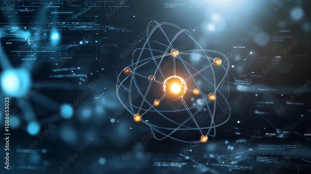 Poster modern scientific visualization of atomic structure with orbiting electrons and bright nucleus in a 