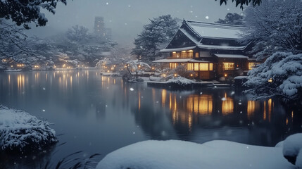 幻想的な雪降る夜の古都・雪化粧した伝統的な町並みと温かな灯りの風景｜歴史ある町家と石畳の路地が織りなす日本の美｜冬の観光スポット・旅行写真におすすめの絶景スポット【絶景夜景・雪景色】