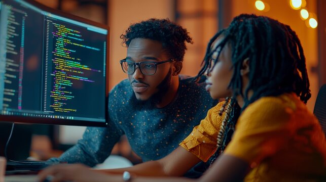In a vibrant environment, a diverse pair of developers collaborates on a complex coding project, highlighting inclusivity and the innovative spirit of technology.