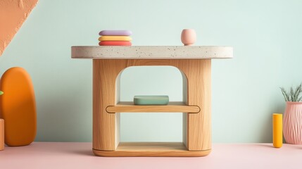 Modern Minimalist Table Design with Soft Pastel Colors, Stylish Accessories, and Unique Shapes in a Contemporary Interior Setting