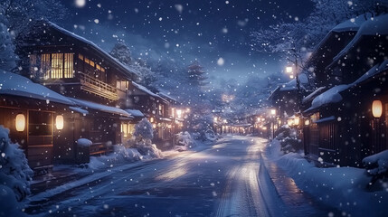 幻想的な雪降る夜の古都・雪化粧した伝統的な町並みと温かな灯りの風景｜歴史ある町家と石畳の路地が織りなす日本の美｜冬の観光スポット・旅行写真におすすめの絶景スポット【絶景夜景・雪景色】