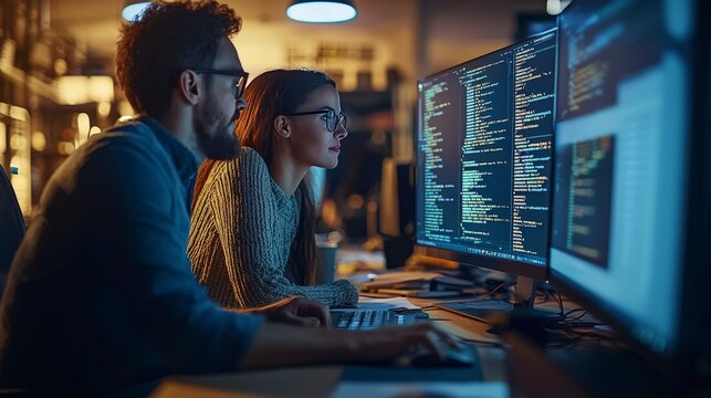 An evening scene in a tech workspace where two programmers collaborate on coding, embodying dedication and the fusion of creativity and technology in their work.