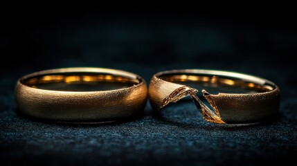 A pair of gold wedding rings, one broken, on a dark background.