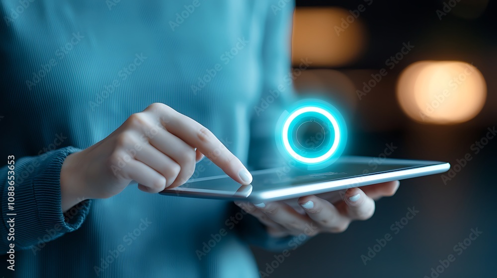 Poster user interacting with tablet technology modern environment digital connection indoor space innovatio
